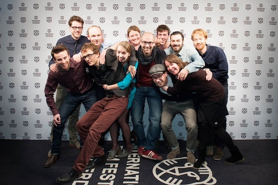 Aaron Douglas Johnston (center wearing grey scarf) with crew at WorldPremiere IFFRotterdam 2013