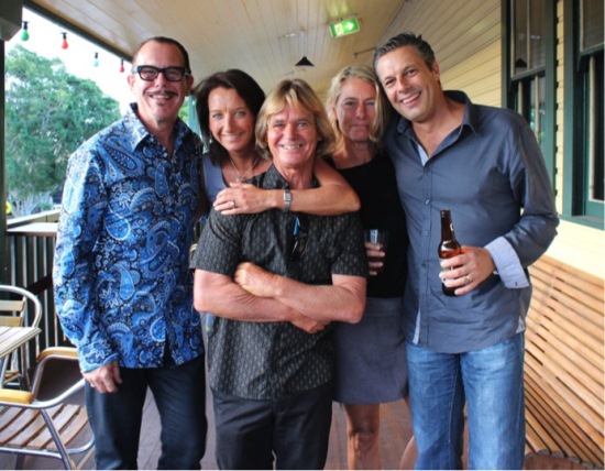 INXS’s Kirk Pengilly and World Champion Surfer Layne Beachley with Head Coach of the Burra Jurra surf charity Steve Foreman and friends at BBFF 2014, Saturday 8th March for the world premiere of Burra Jurra. Credit: Montana Wambach