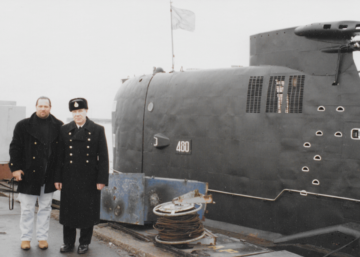 Caption: Leonid “Tarzan” Fainberg with unidentified Soviet Admiral posing beside a foxtrot submarine purchased on behalf of the Cali Cartel. | Credit: International Fugitive Nelson Tony Yester