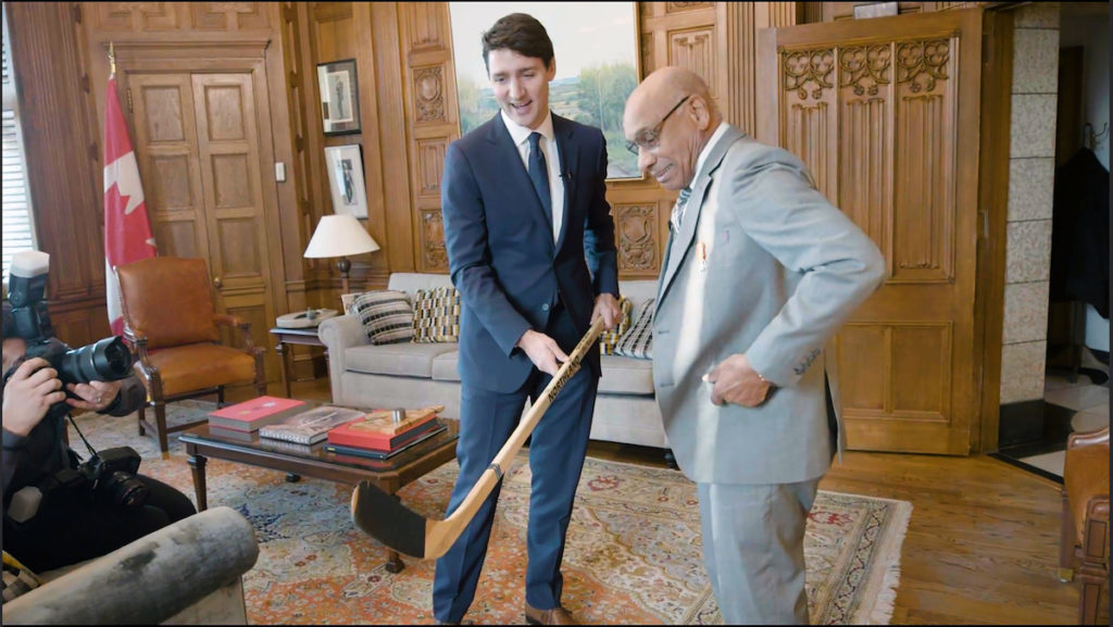 Willie O'Ree with Justin Trudeau, Prime Minister of Canada 