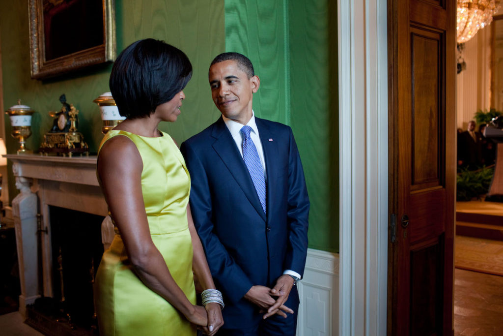 President Barack Obama and First Lady Michelle Obama wait in the Green Room before hosting a Diplomatic Corps Reception in the East Room of the White House, Oct. 5, 2010. (Official White House Photo by Pete Souza)