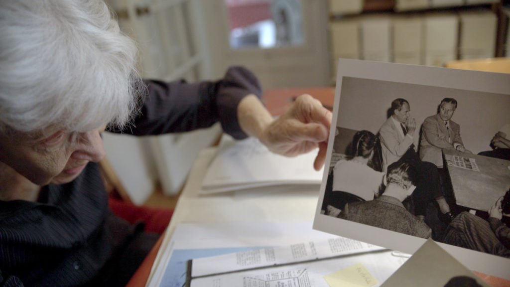 Hattula Moholy-Nagy with a photograph of her father and Walter Gropius.  Image from The New Bauhaus courtesy of Opendox. Director: Alysa Nahmias. Photographer: Petter Ringbom.