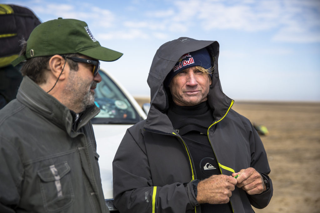 Robbie Naish and Joe Berlinger talking behinbd the scenes on beach at Skeleton Bay, Namibia on May 07, 2017 (THE LONGEST WAVE directed by Joe Berlinger)