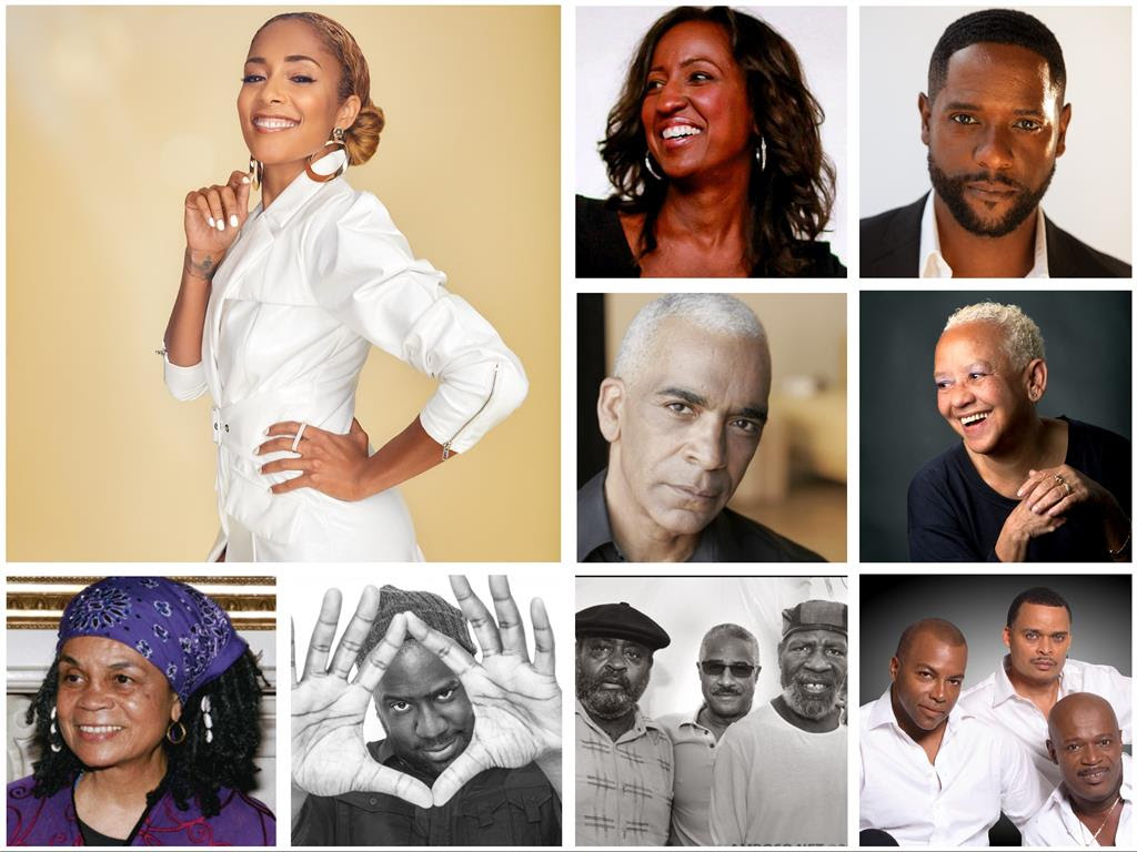 (L TO R) - AMANDA SEALES; TOP TILE - MELISSA HAIZLIP/BLAIR UNDERWOOD; MIDDLE TILE - STAN LATHAN/NIKKI GIOVANNI; BOTTOM TILE - SONIA SANCHEZ/ROBERT GLASPER/THE LAST POETS/BLACK IVORY - Courtesy of Shoes in the Bed Productions