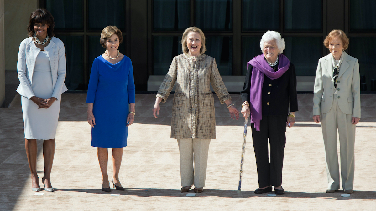 First Ladies Michelle Obama, Laura Bush, Hillary Clinton, Barbara Bush and Rosalynn Carter at dedication of the George W. Bush Presidential Library and Museum in 2013.