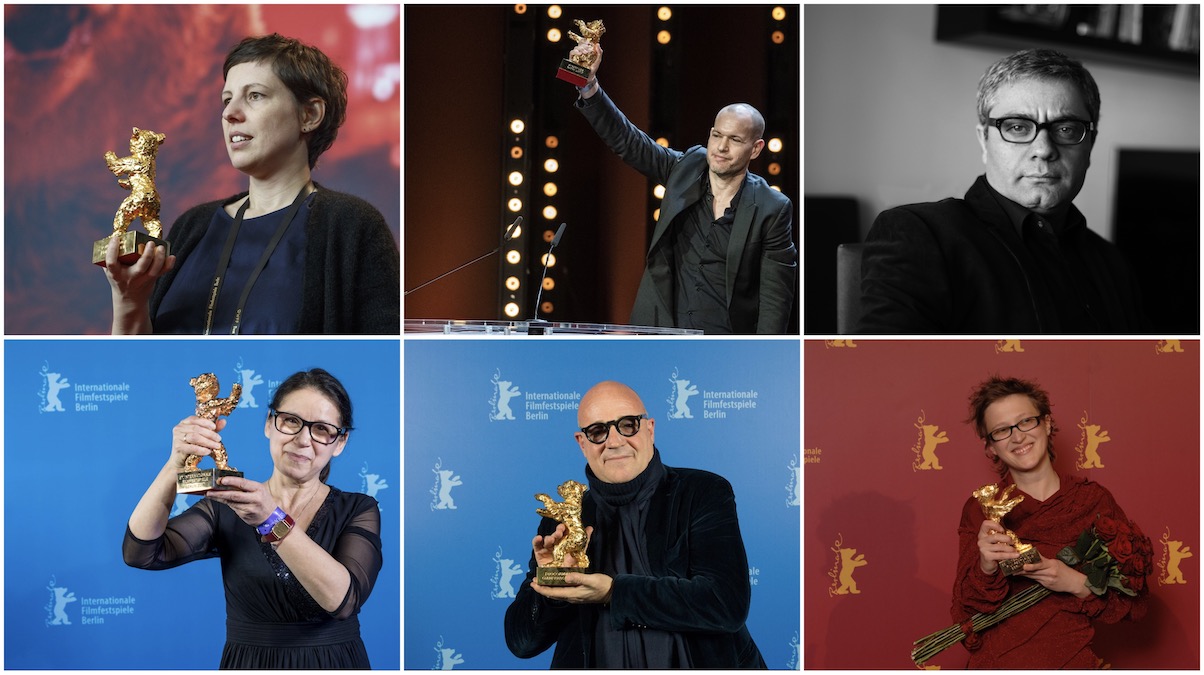 International Jury of the 71st Berlinale (from t. l. to b. l. clockwise): Adina Pintilie, Nadav Lapid, Mohammad Rasoulof, Jasmila Žbanić, Gianfranco Rosi, Ildikó Enyedi.