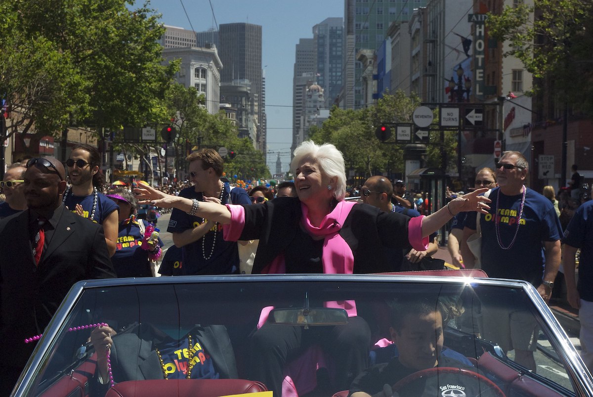 Olympia Dukakis rides up Market Street as one of the Celebrity Grand Marshals in the LGBT Pride Parade in San Francisco on June 26, 2011, from the film, Olympia directed by Harry Marvomichalis