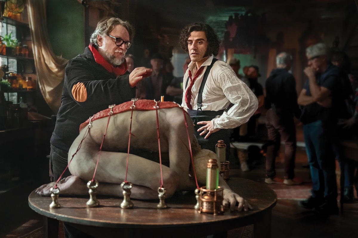 Guillermo del Toro and Oscar Isaac on the set of Frankenstein