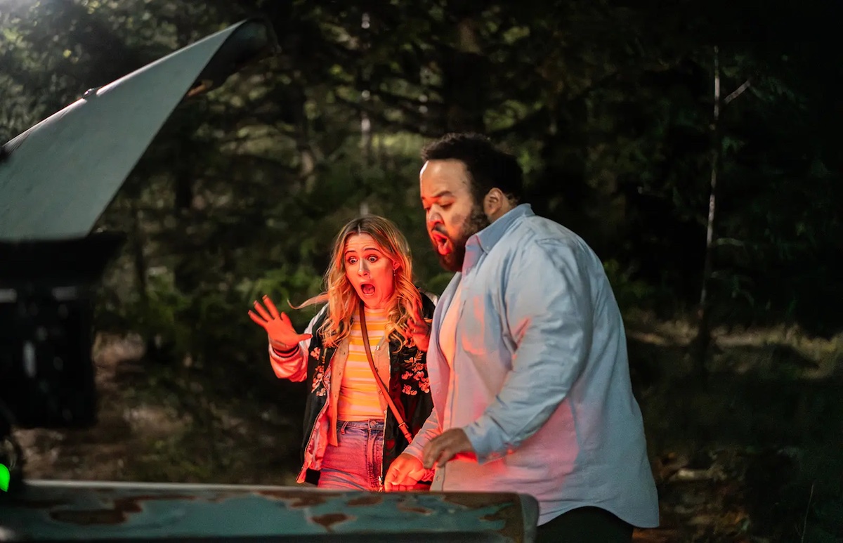 Maria Bakalova and Zach Cherry in All Night Wrong